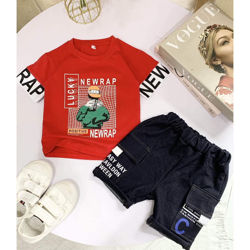 Set đồ bộ bé trai Áo thun ngắn tay cotton 100% co giản 4 chiều Quần short thun cotton giả jean co giản cho bé từ 8-37kg