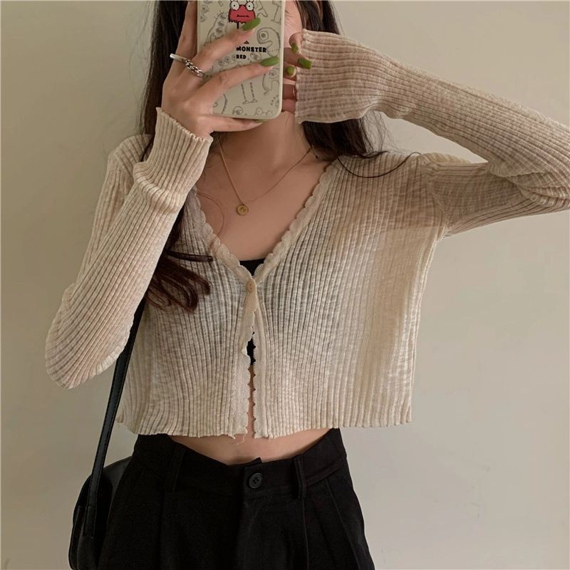 Áo khoác Cardigan len dệt kim mỏng dáng croptop cổ chữ V siêu xinh cho nàng