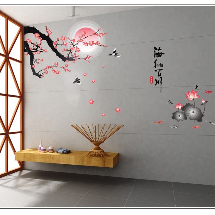 Decal dán tường phòng khách Cành đào thư pháp- DH062