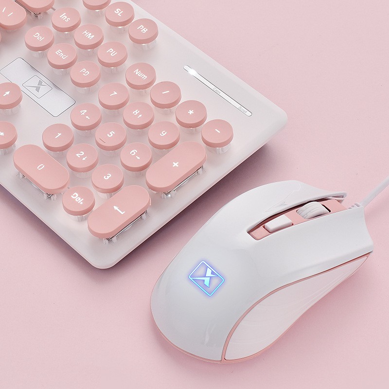 Bộ bàn phím và chuột N518 màu hồng phấn màu xanh biển cao cấp có đèn LED sáng thiết kế phím tròn nổi bật