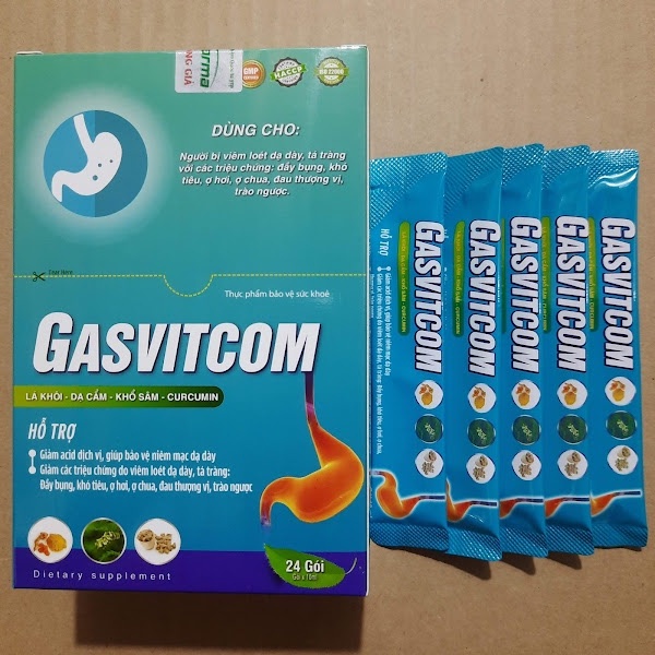 Gói uống GASVITCOM làm giảm triệu chứng viêm loét dạ dày, tá tràng và trào ngược