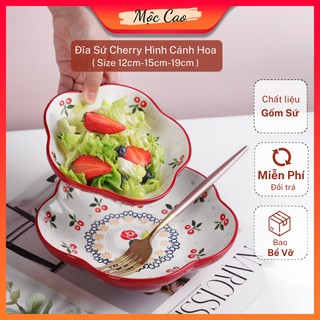 Đĩa sứ, dĩa sứ cao cấp cherry đỏ hình cánh hoa 3 kích cỡ decor phụ kiện bàn ăn sang trọng