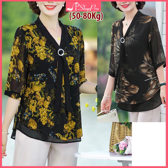 SHOPPRO - THỜI TRANG QUÝ BÀ - ÁO SƠ MI QUÝ BÀ KIỂU ÁO SƠ MI IN HOA CỘT NƠ CỔ PHỐI KHOEN SANG TRỌNG 3A20 3A08 3A14