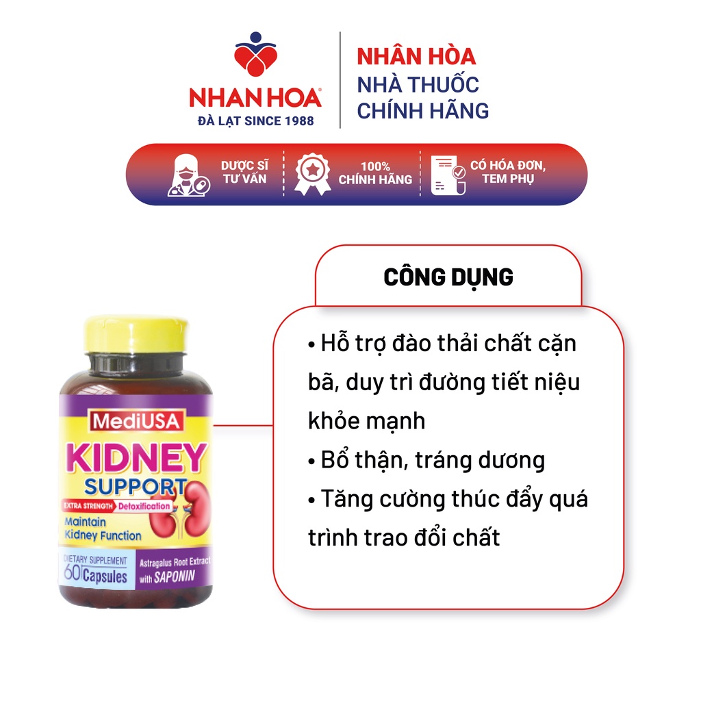 Viên uống bổ thận tráng dương thải độc phục hồi thận Medi USA Kidney Support hộp 60 viên