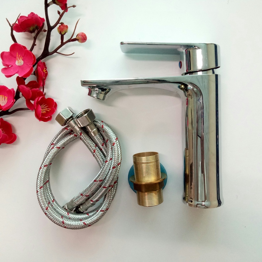 Vòi chậu phòng tắm, vòi Lavabo Nóng lạnh inox Bóng thiết kế thân trụ, tay gạt gật gù bằng vuông + Tặng dây cấp nước NL