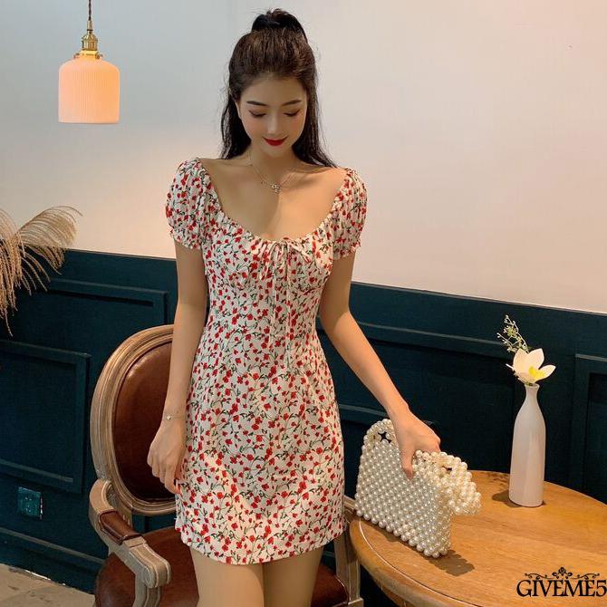 Đầm nữ cộc tay cổ tròn in hoa thời trang