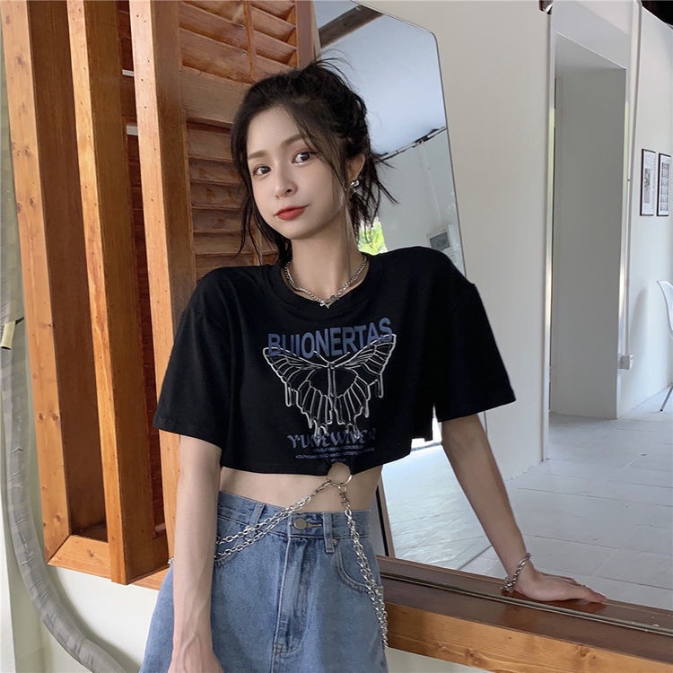 Áo croptop nữ Tay Ngắn Phối Dây Xích  áo Thun JL-TX-216