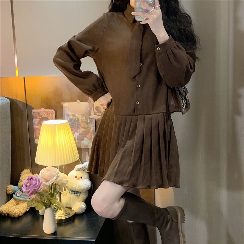 Set Áo Sơ Mi Dài Tay Cổ Chữ V + Đầm Len Dài Tay Cổ Bẻ Thiết Kế Mới Thời Trang Dành Cho Nữ