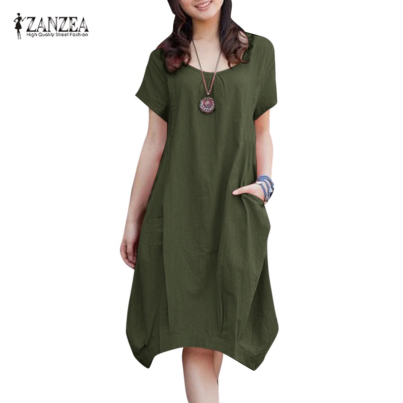 Đầm midi Zanzea tay ngắn cổ tròn phong cách hàn quốc đơn giản thời trang cho nữ