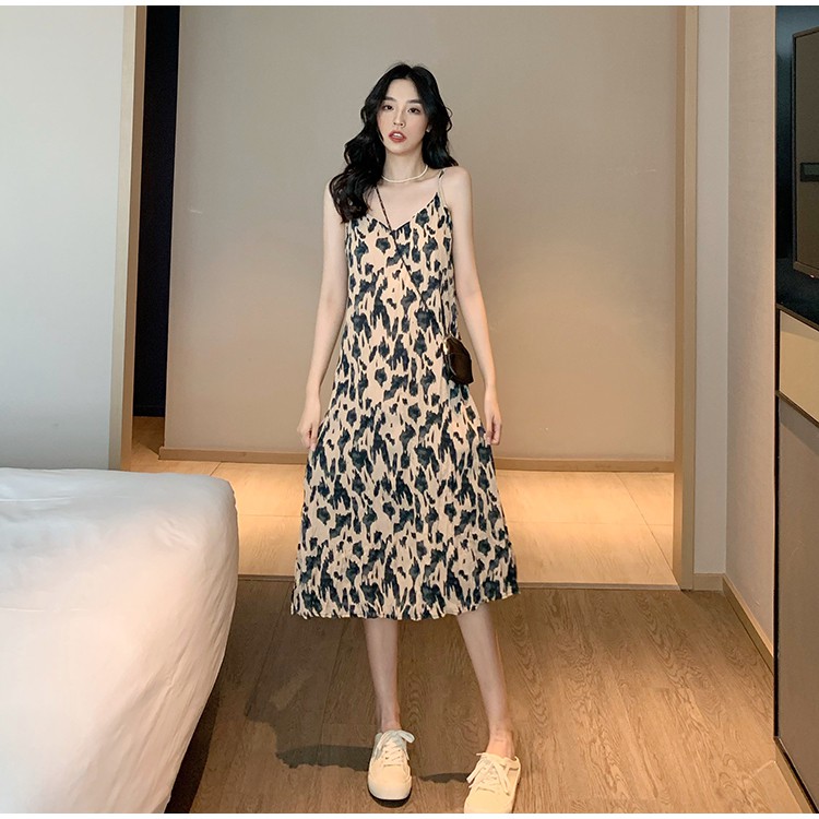 Đầm Maxi Hai Dây Chất Chiffon Họa Tiết Da Báo Phong Cách Hàn Quốc