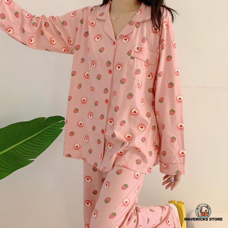 Bộ đồ ngủ hai mảnh họa tiết hoạt hình dễ thương phong cách Hàn Quốc cho nữ