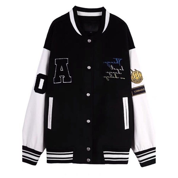 🔥{Deal sốc} Áo BOMBER VARSITY JACKET in hình gấu màu trắng đen unisex form rộng thời trang thu đông hot trend