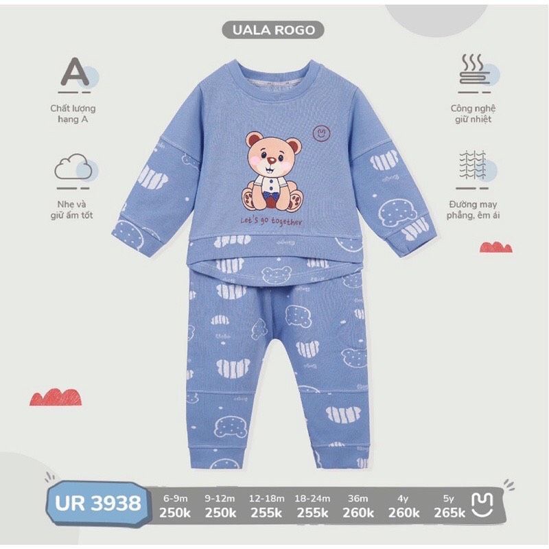 Uala Rogo - Bộ nỉ dài tay in hình cho bé trai, bé gái từ 6 tháng đến 36 tháng