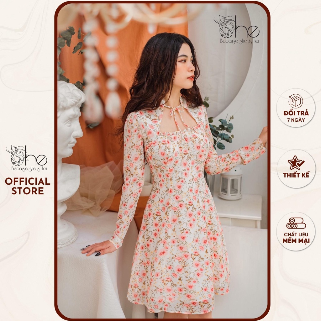 Đầm nữ hoa cột nơ tiểu thư She, váy nữ hoa nhí tay dài siêu xinh thời trang SDX82