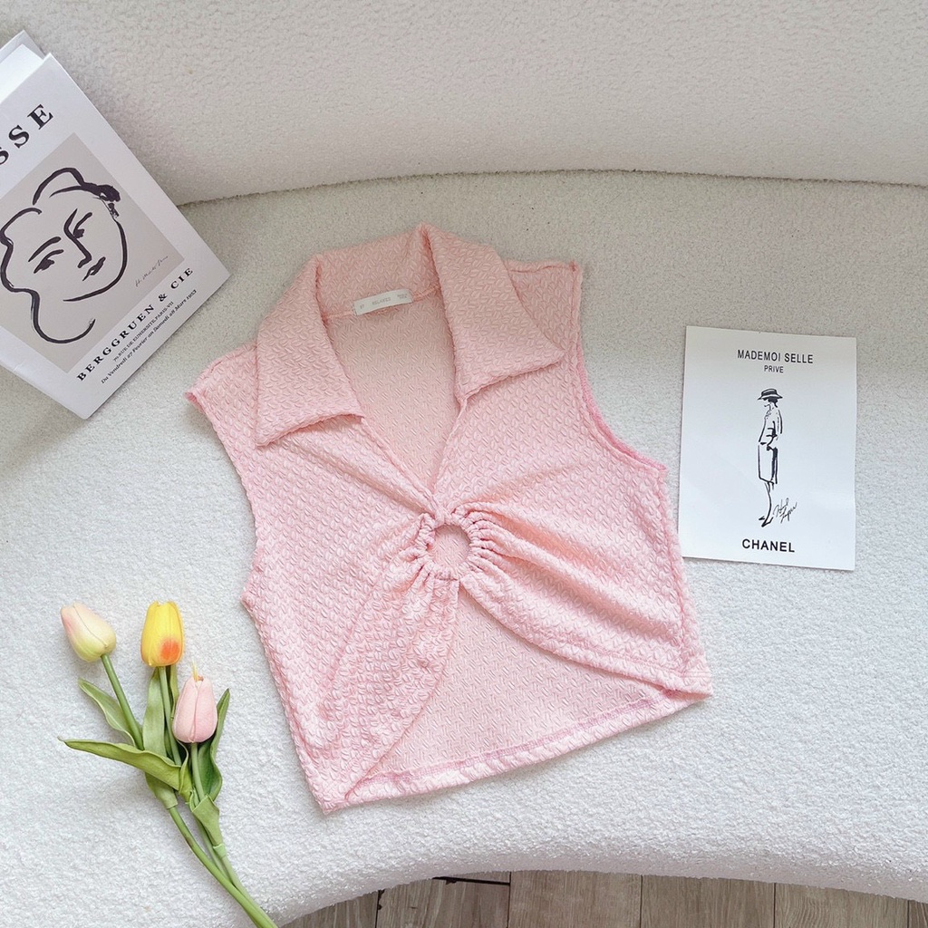 Áo thun nữ dáng croptop ba lỗ sát nách cổ bẻ chất xốp viền màu phối khoen ngực sexy