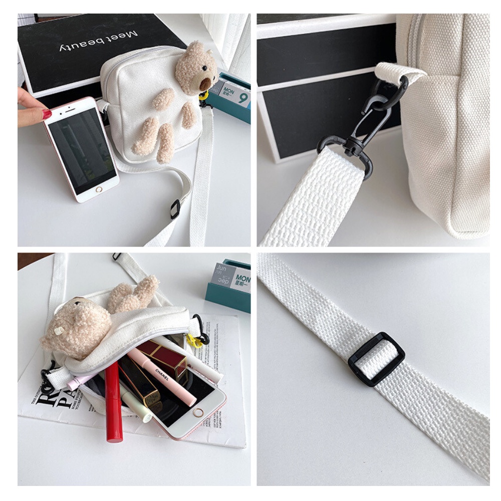 Túi đeo chéo hình gấu dễ thương chất liệu vải canvas JP5