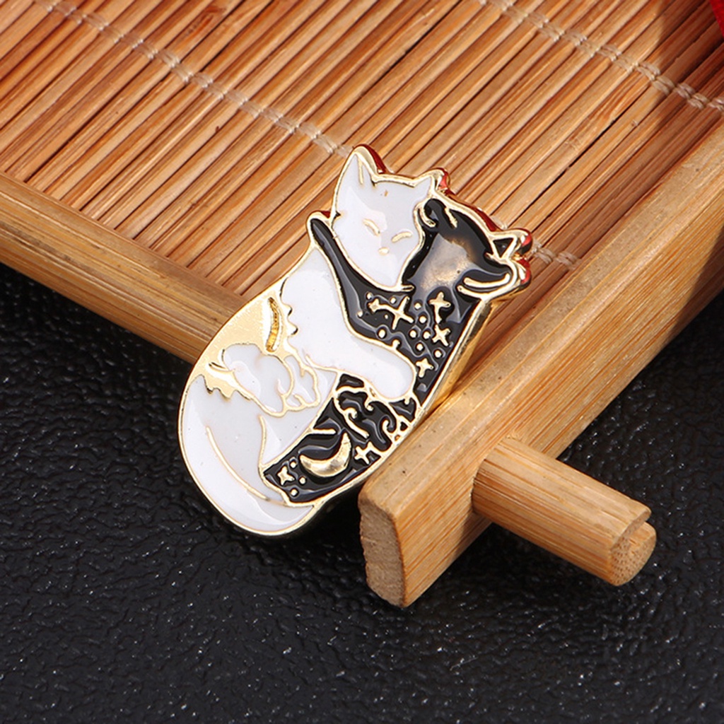 YOML✔Cute Black White Hugging Cat Enamel Brooch Pin Denim Jacket Collar Badge Gift