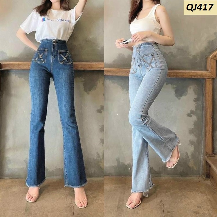 Quần jeans ống Pass Loe lưng siêu cao QJ417