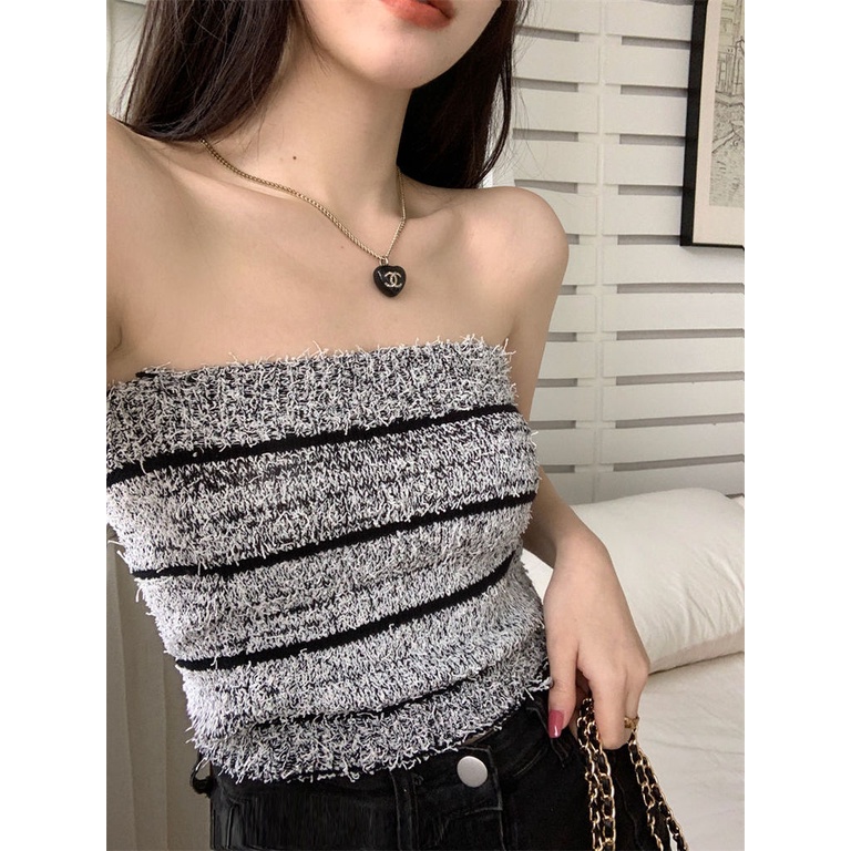 Áo Ống Ngắn Bằng Vải Lông Họa Tiết Kẻ Sọc Chống Chói Gợi Cảm Cho Nữ