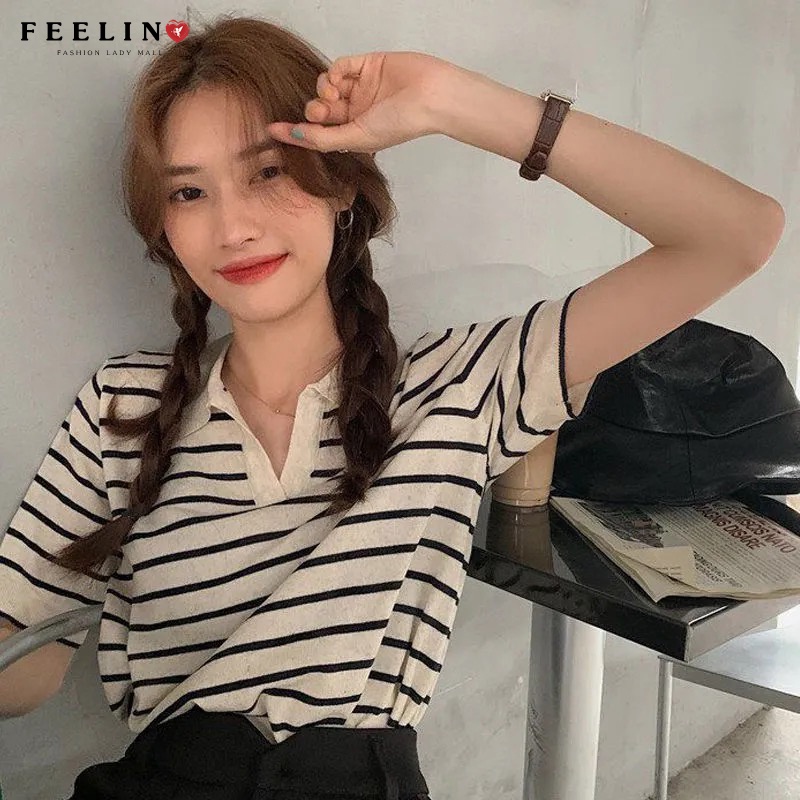 Áo Dệt Kim Thun Ngắn Tay Dáng Rộng Kẻ Sọc Kiểu Hàn Quốc Thời Trang Mùa Hè Cho Nữ
