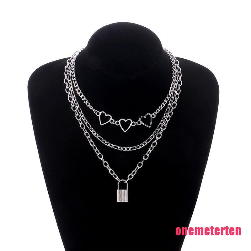 Fashion Multi-layer Love Heart Lock Pendant Necklace Women Punk Choker Je