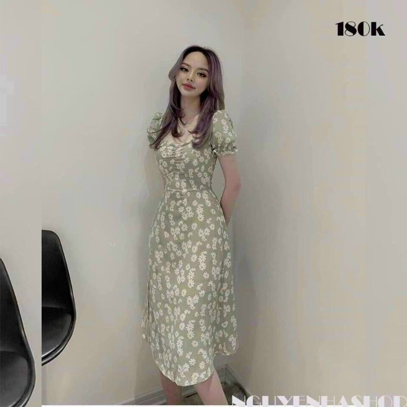 Đầm maxi hoa cúc họa mi tay phồng, dáng dài xẻ tà | BigBuy360 - bigbuy360.vn