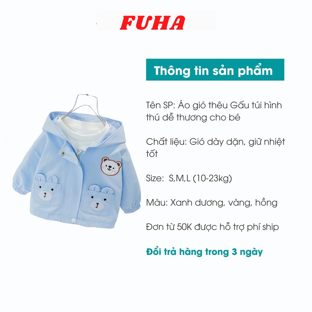 Sale! Áo khoác cho bé gái, áo khoác gió cho bé, áo choàng thêu Gấu túi hình thú dễ thương bé gái từ 10kg đến 23kg