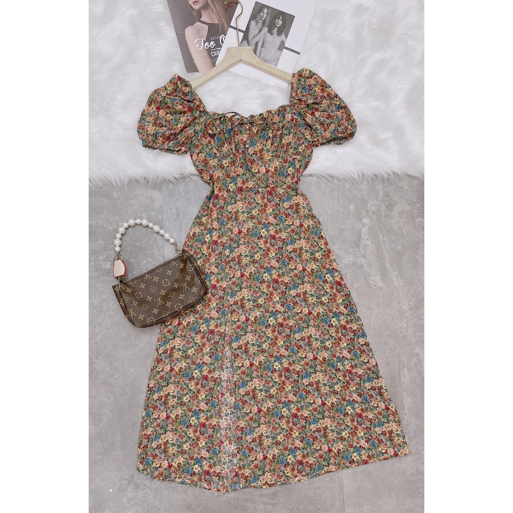 Váy đầm yếm hoa nhí vintage nhún ngực eo body cổ vuông hoặc trễ vai dáng maxi xẻ vạt sexy sang chảnh đi chơi chụp ảnh