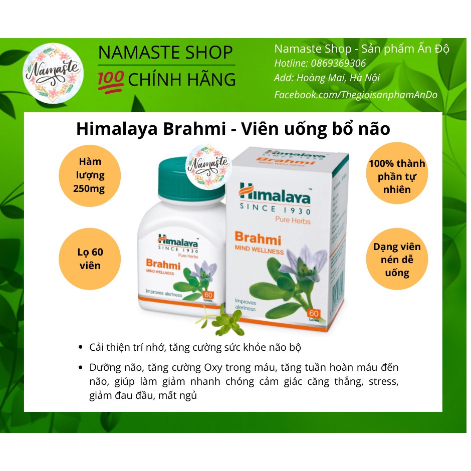 Himalaya Brahmi - Viên uống hữu cơ cải thiện tuần hoàn máu não, bổ não