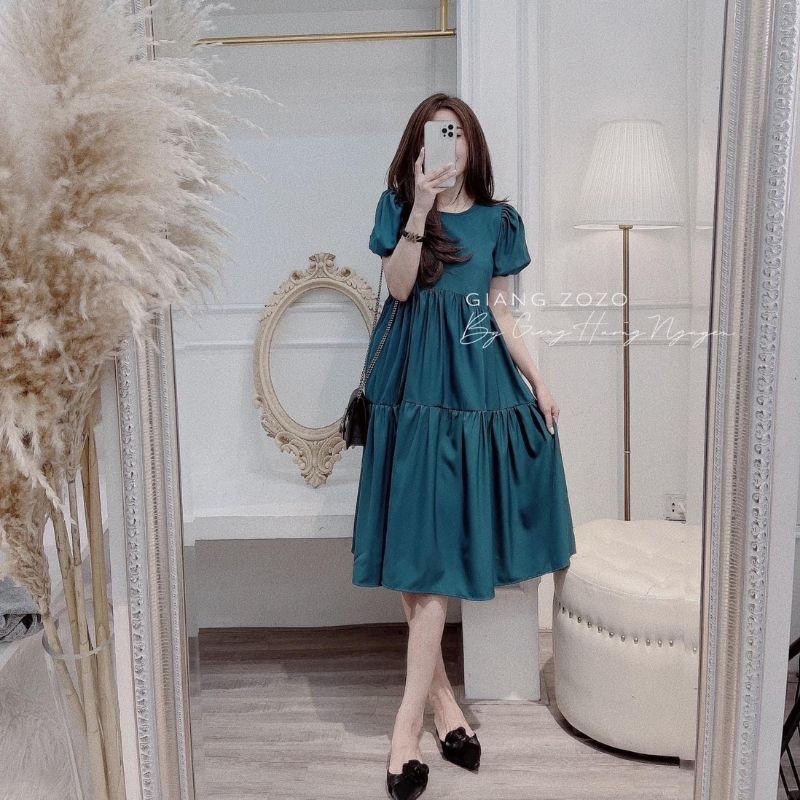 Đầm xuông rộng,váy xuông màu xanh cổ vịt tay bo phồng Mi Clothing 1007 | BigBuy360 - bigbuy360.vn
