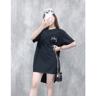 🦩🦩[Ảnh thật trải sàn] Đầm dáng suông thun cotton màu trơn phối túi thêu chữ nút lưng tay ngắn cổ tròn vạt bầu