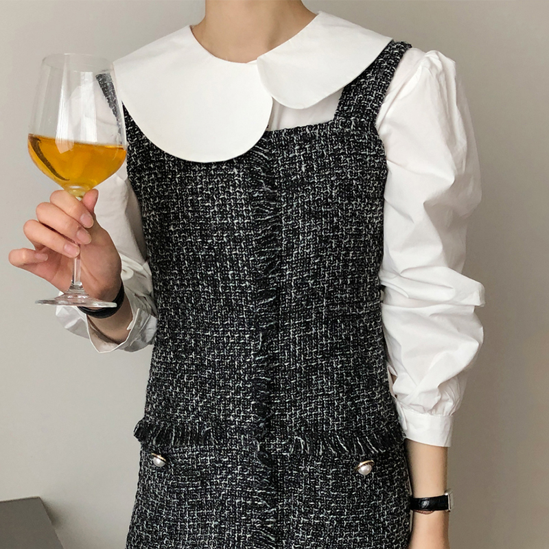 Áo Sơ Mi Trắng Tay Dài Cổ Búp Bê Họa Tiết Kẻ Sọc Phong Cách Hàn Quốc