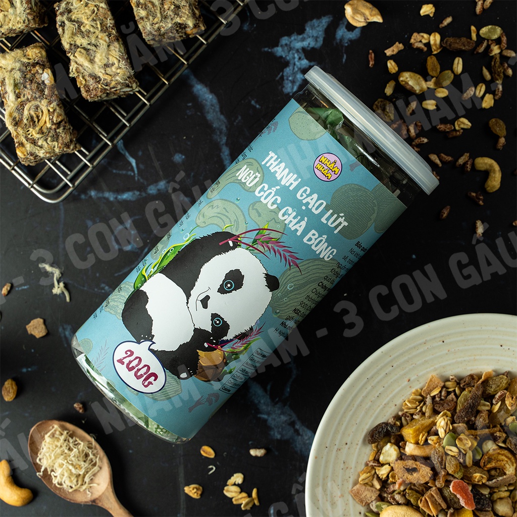 Bánh Cơm Gạo Lứt Sấy Ngũ Cốc Nhằm Nhăm 3Con Gấu Thanh Dinh Dưỡng, Granola, Gạo Lứt Chà Bông, Giòn Thơm 8 Thanh 200G