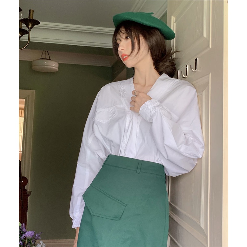Bộ áo sơ mi trắng tay dài và chân váy thiết kế mới phong cách Pháp retro (có bán lẻ)