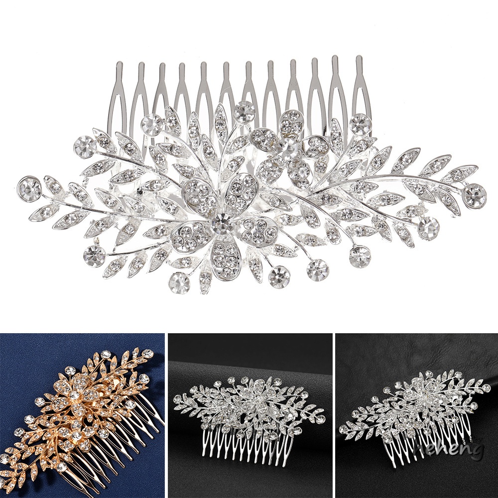 Lược Cài Tóc Hai Mặt Hình Chiếc Lá Đính Đá Chống Trượt Cho Cô Dâu