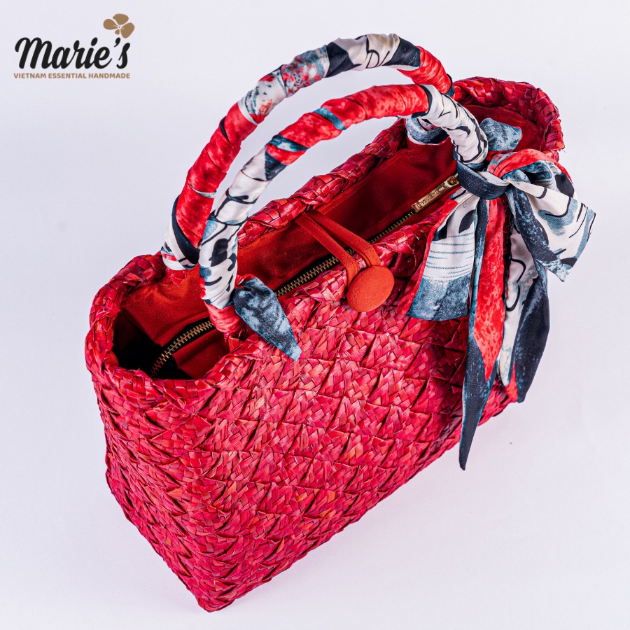 Túi xách nữ cói bàng đan hai lớp adela, sản phẩm thủ công Xứ Huế cao cấp quai da thật và lót vải lụa mềm