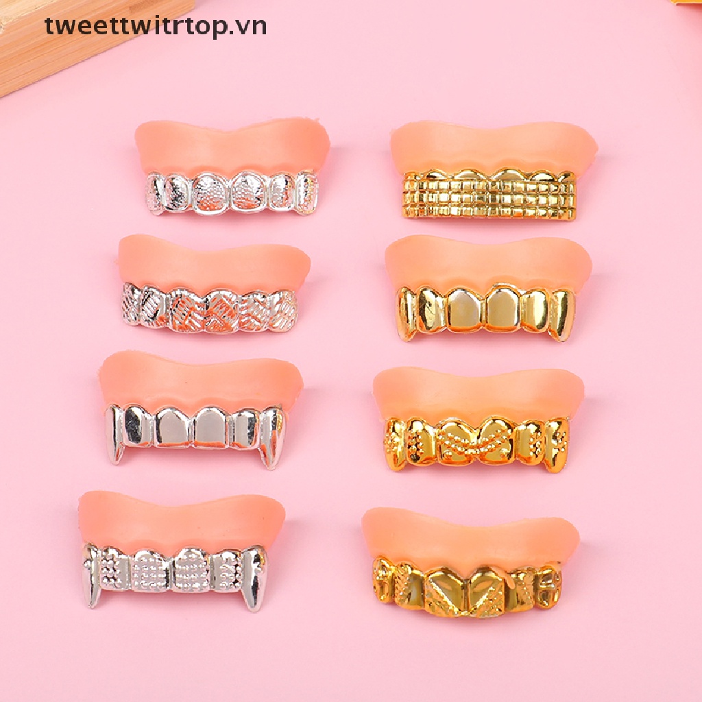 Set 2 Răng Giả Mạ Vàng / Bạc Hóa Trang Halloween
