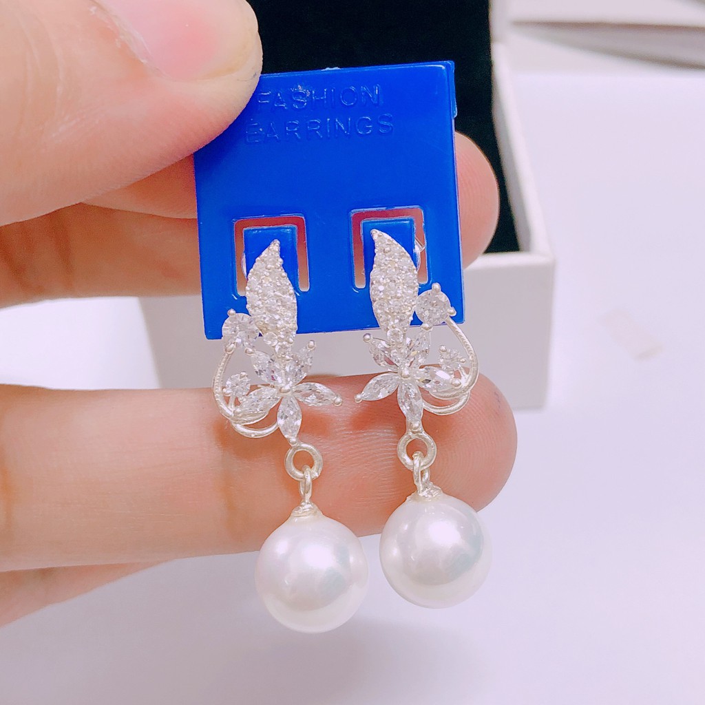 Bông tai bạc ta hình hoa treo hạt châu cá tính xinh xắn