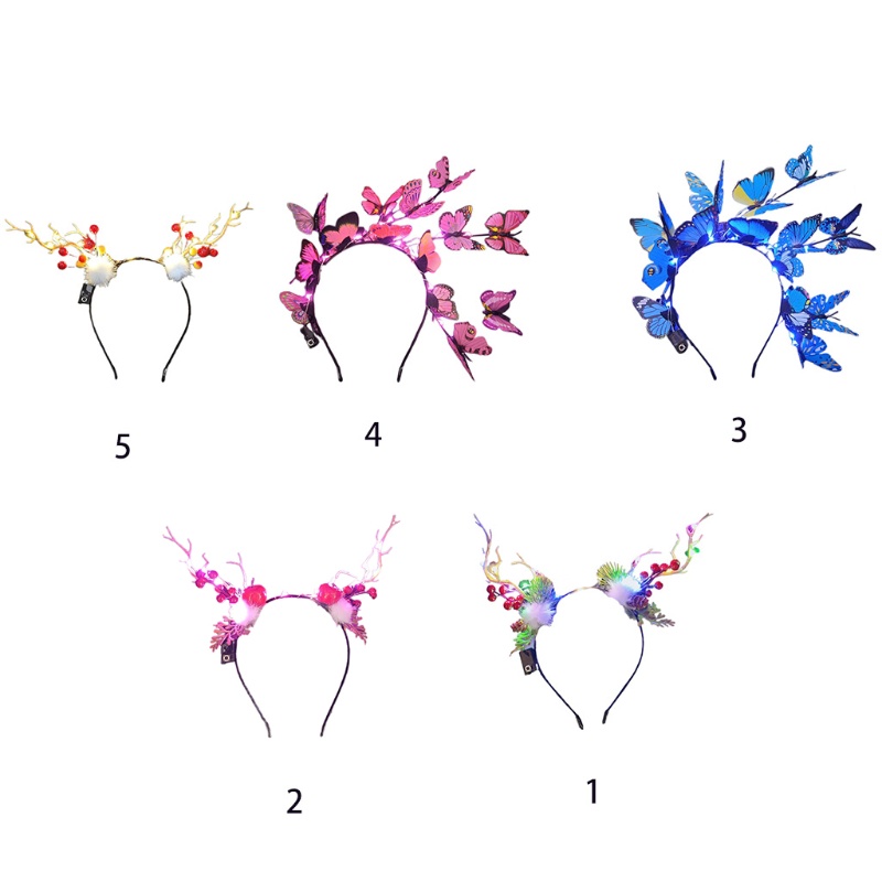 Băng Đô Cài Tóc Hình Sừng Tuần Lộc Đính Hoa Và Bướm Có Đèn Led Phát Sáng