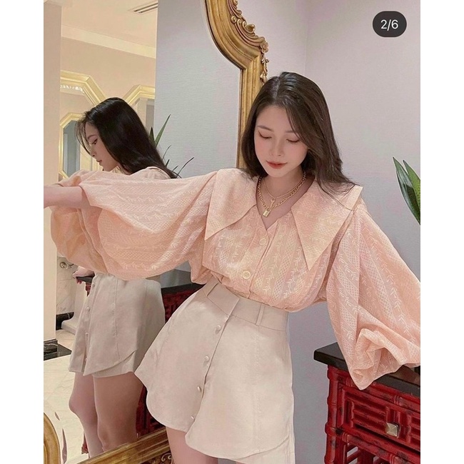 SET ÁO HOA NỔI CỔ NHỌN TAY PHỒNG KÈM QUẦN VÁY CÁCH ĐIỆU