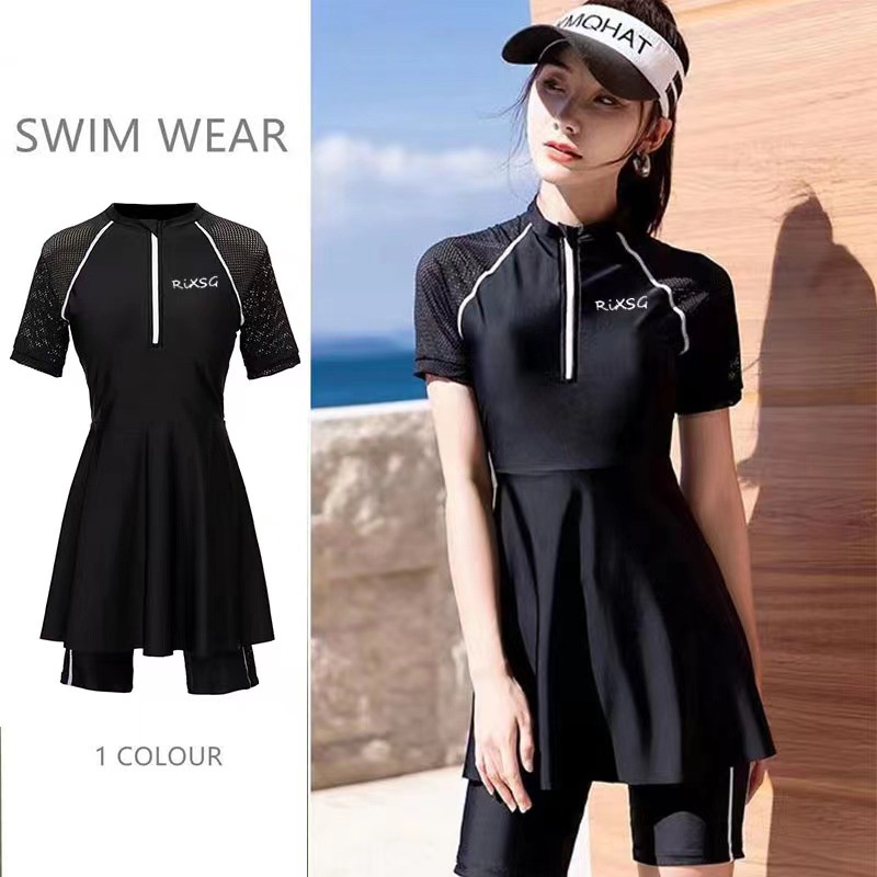Bộ Đồ Bơi Hai Mảnh Áo Tay Ngắn Và Chân Váy Xẻ Tà Phong Cách Hàn Quốc Thời Trang Cho Nữ