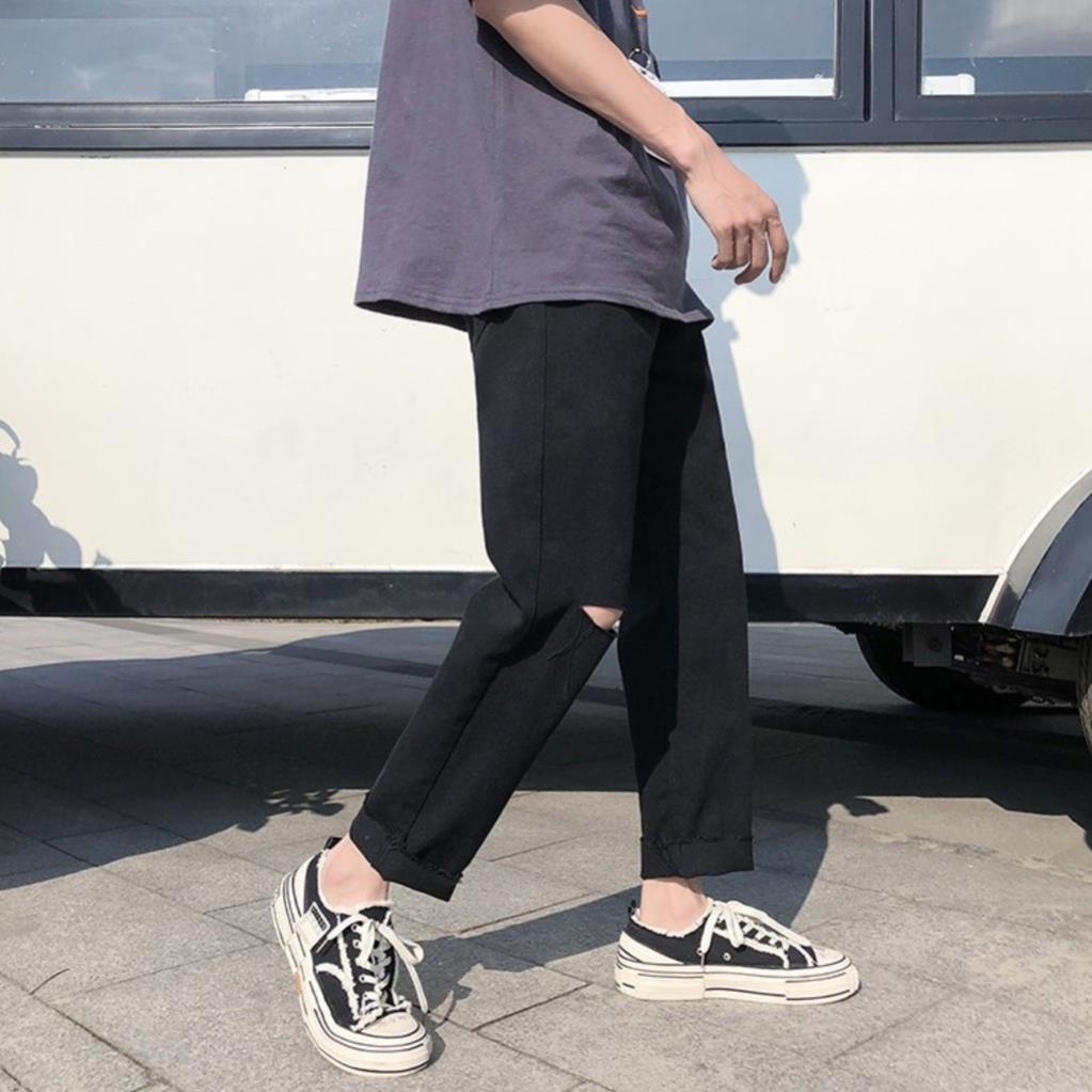 Quần Jeans Baggy Nam Rách Gối Ống Rộng Đen Trơn Không Phai Màu Vải Co Giãn-B05 🏅