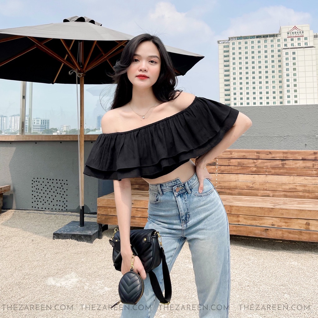 ÁO CROPTOP TRỄ VAI 2 TẦNG VOA78 ĐEN