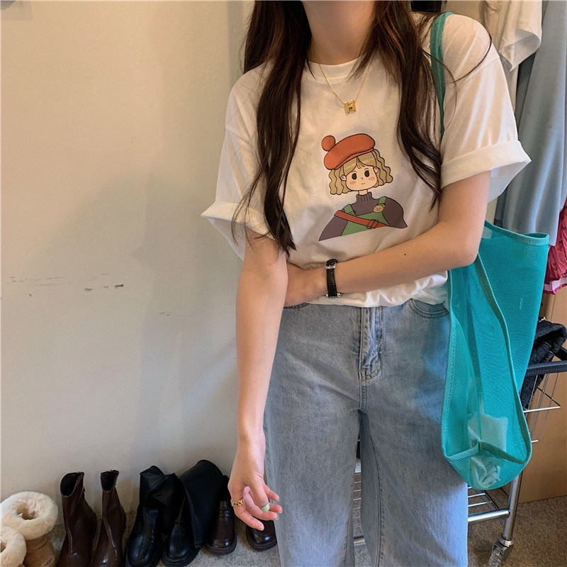 Áo Thun Ngắn Tay Dáng Rộng In Họa Tiết Xinh Xắn Theo Phong Cách Mùa Hè Dành Cho Nữ