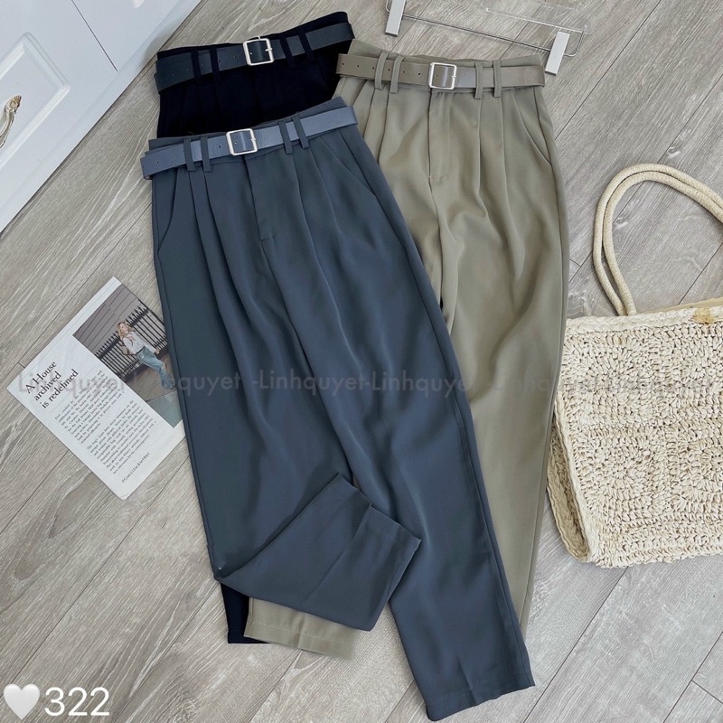 Quần tây dáng baggy ống đứng siêu tôn dáng, Quần công sở xinh kèm belt
