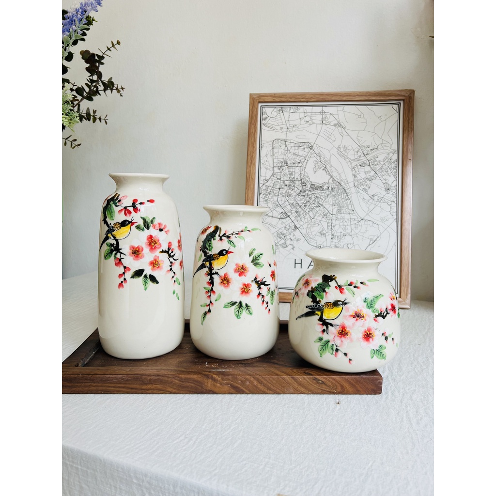 Bộ 3 lọ hoa decor - Bình cắm hoa vẽ tay