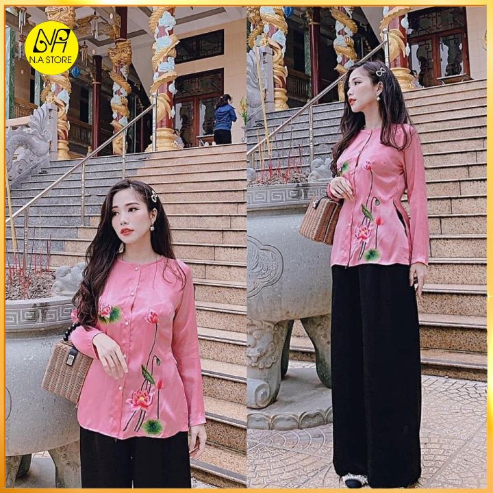 Đồ Lam Đi Chùa - Set Bà Ba Lụa Thêu Sen Cao Câp Trang Nhã AL017