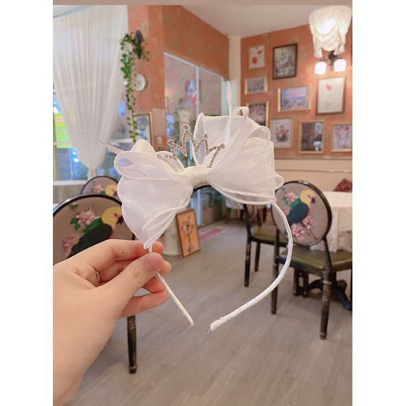 Cài tóc vương miện bé gái bản nơ trắng điệu đà