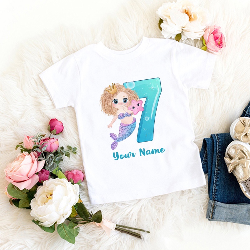 ✨Thêm tên miễn phí✨ Cô Gái Nàng Tiên Cá Sinh Nhật Hoạt Hình Áo Cho Bé Gái Số 1 2 3 4 5 6 7 Nàng Tiên Cá Trẻ Em Sinh Nhật Áo Thun