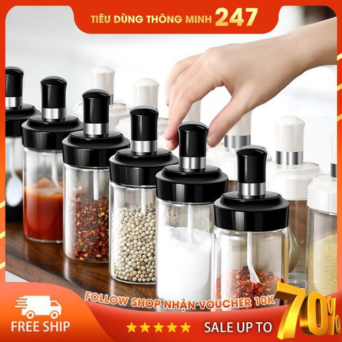 Hũ Đựng Gia Vị chống ẩm kèm thìa muỗng, lọ đựng gia vị thủy tinh 250ml